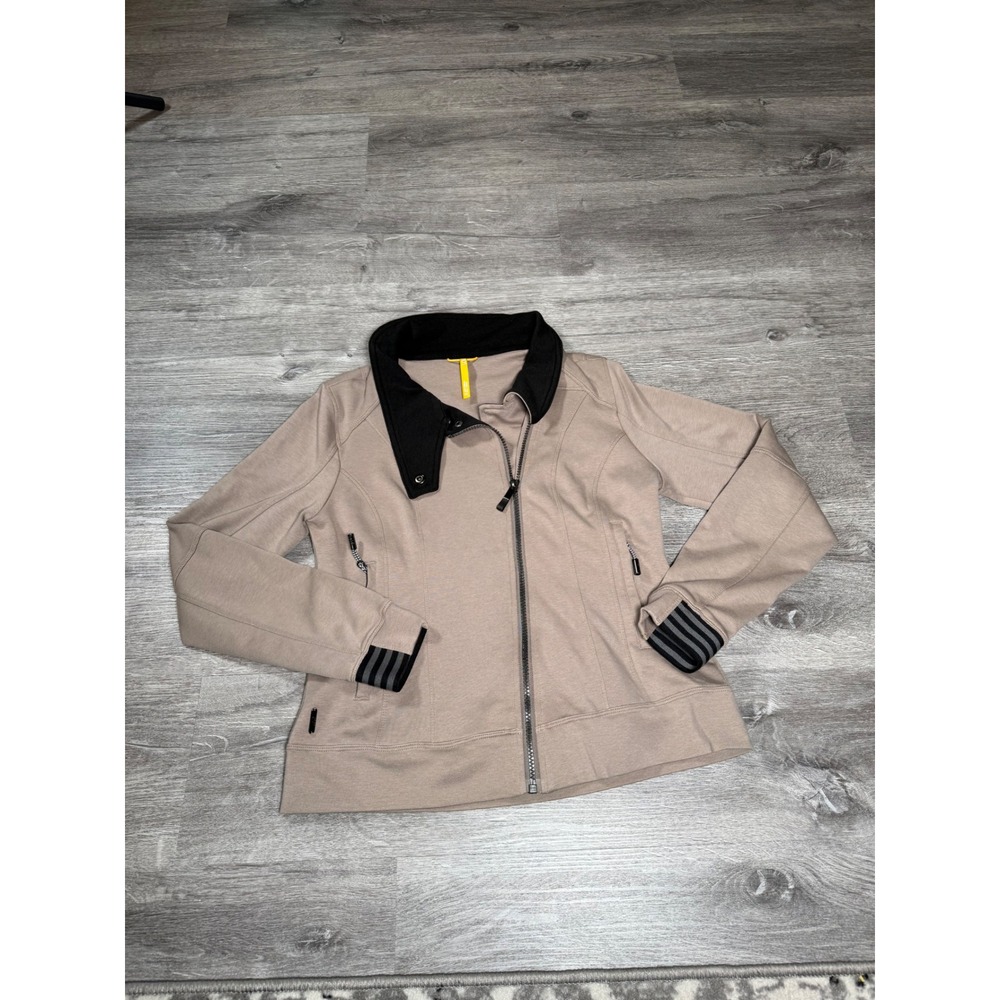 Lole Womens Moto Zip Jacket Tan Beige Black‎ Trim Tencel Blend Size Medium